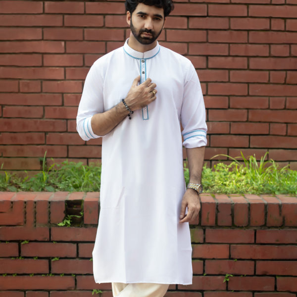 সাদা কালার মাইক্রোস্টিজ এমব্রয়ডারি লাক্সারি পাঞ্জাবি